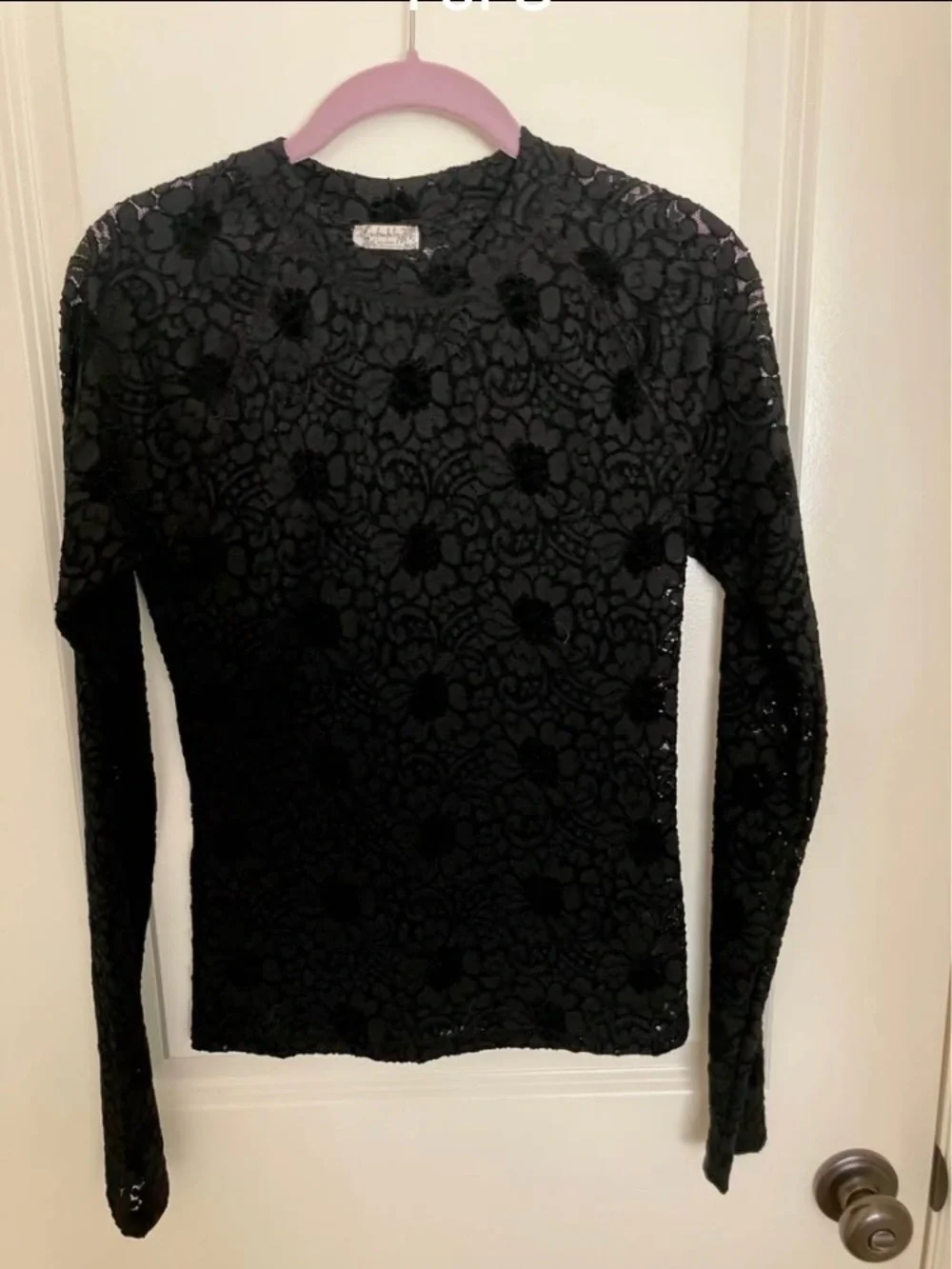 Free People Cloud Ride Lace Crew Black Floral Long Sleeve Top